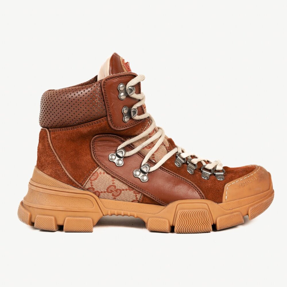 Gucci Flashtrek Brick Red Beige Monogram & Suede Hiking Sneakers